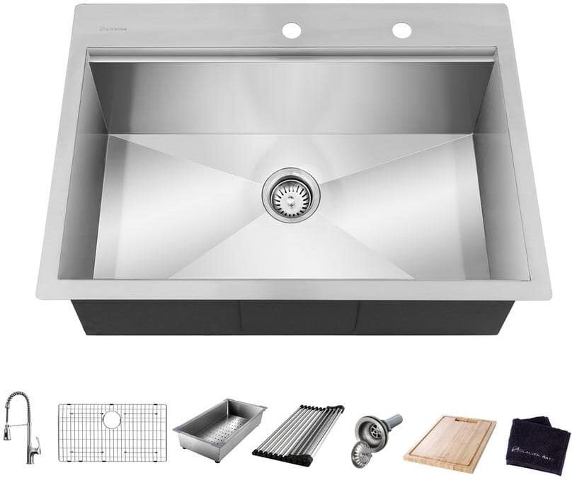 Glacier Bay Zero Radius 30 in. Drop-In Single Bowl 18 Gauge Stainless Steel Workstation Kitchen Sink with Spring Neck Faucet