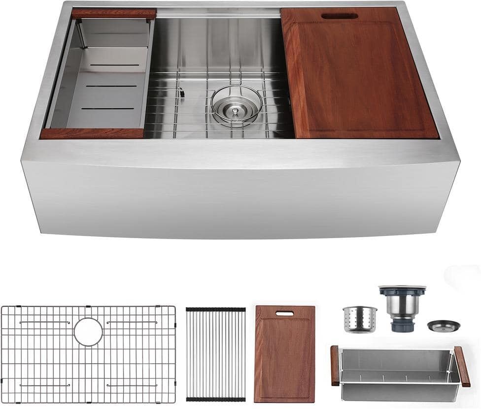 EAKYHOM R10 Radius Farmhouse Apron-Front 18G Stainless Steel 33 in. Single Bowl Workstation Kitchen Sink with Accessories