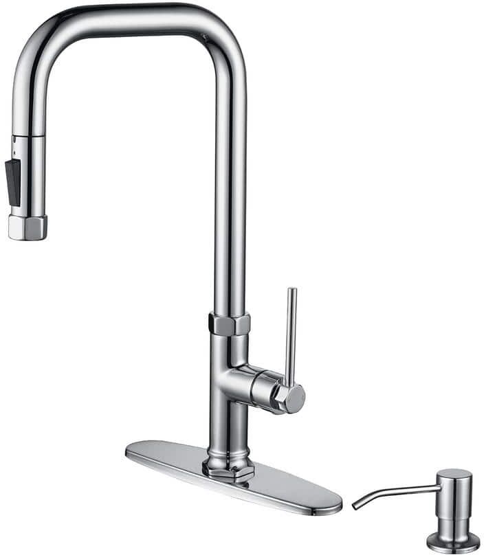 IVIGA Single-Handle Pull Down Sprayer Kitchen Faucet with Soap Dispenser and Deck Plate in Polished Chrome