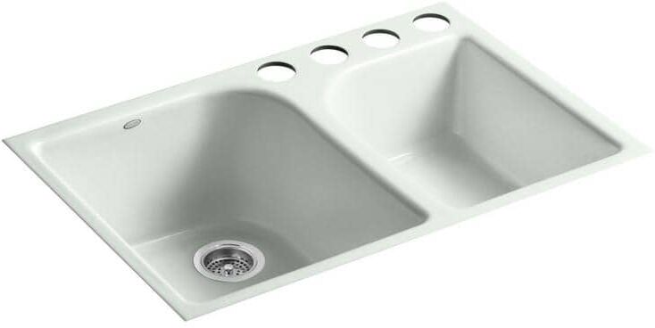 KOHLER Executive Chef Undermount Cast-Iron 33 in. 4-Hole Double Bowl Kitchen Sink in Sea Salt