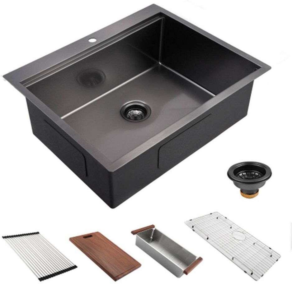 Antique Black 16-Gauge Stainless Steel 30 in. Single Bowl Drop in Workstation Kitchen Sink without Faucet