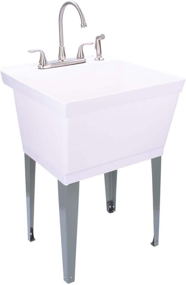 TEHILA Complete 22.875 in. x 23.5 in. White Utility Sink Set with Metal Hybrid Stainless Steel High Rise Faucet & Side Sprayer