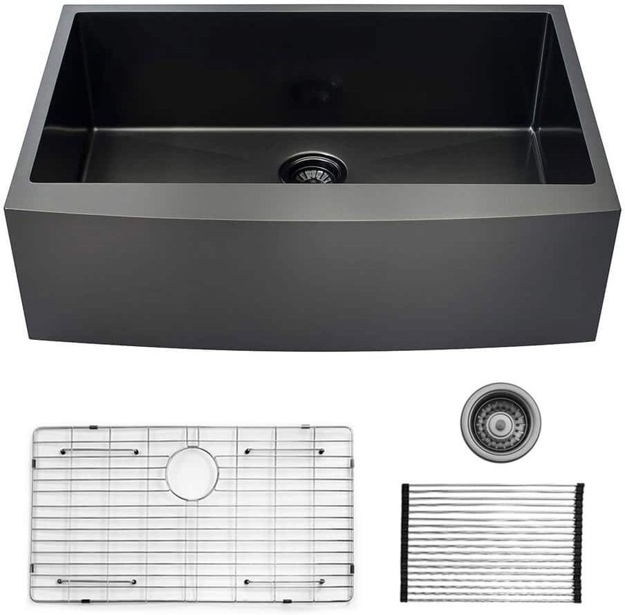 EAKYHOM R10 Radius Farmhouse Apron-Front 16G Stainless Steel 30 in. Single Bowl Workstation Kitchen Sink in Gunmetal Black