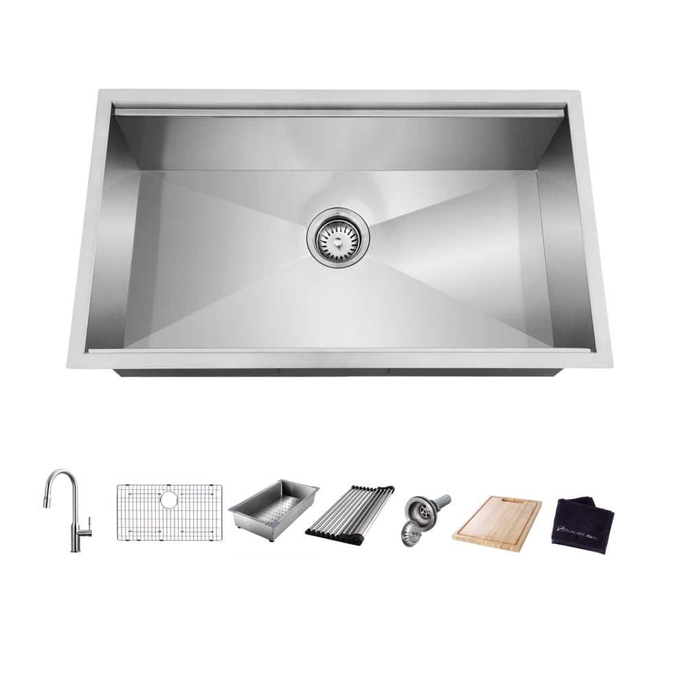 Glacier Bay Zero Radius 27 in. Undermount Single Bowl 18 Gauge Stainless Steel Workstation Kitchen Sink with Pull-Down Faucet