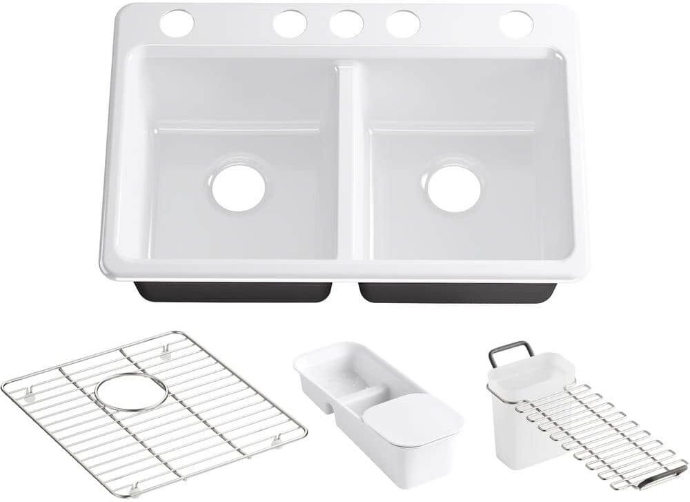 KOHLER Riverby Workstation Undermount Cast Iron 33 in. 5-Hole Double Bowl Kitchen Sink Kit in White with Accessories