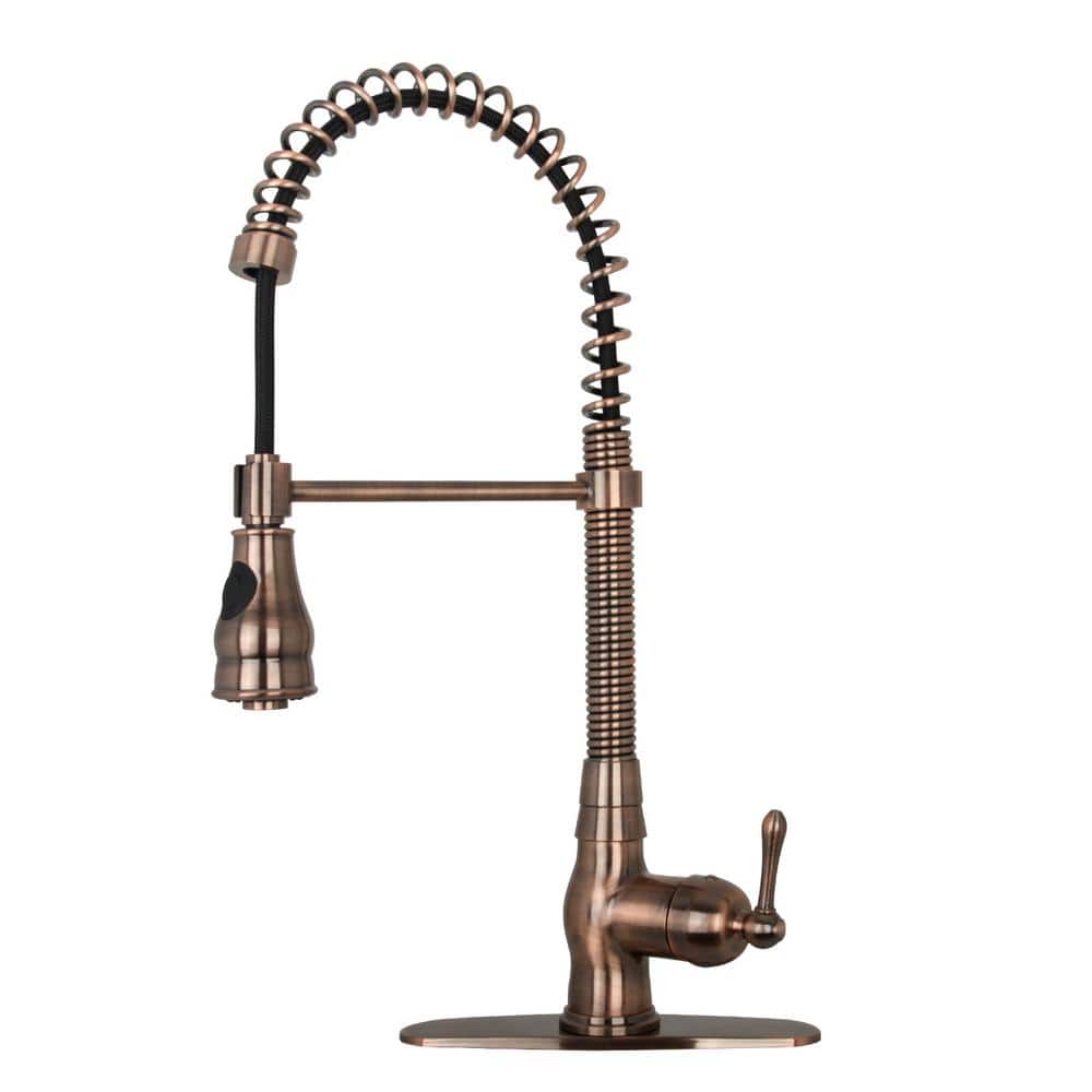 Akicon Single-Handle Pre-Rinse Spring Pull-Down Sprayer Kitchen Faucet in Antique Copper