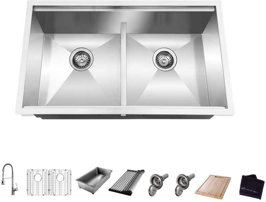 Glacier Bay Zero Radius 33 in Undermount 50/50 Double Bowl 18 Gauge Stainless Steel Workstation Kitchen Sink with Spring Neck Faucet