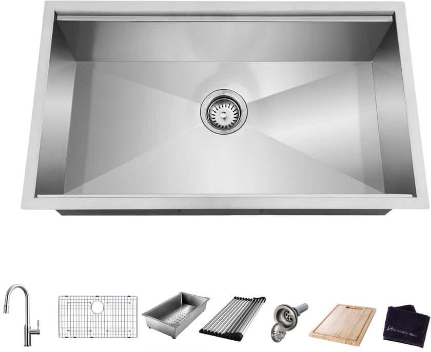 Glacier Bay Zero Radius 30 in. Undermount Single Bowl 18 Gauge Stainless Steel Workstation Kitchen Sink with Pull-Down Faucet