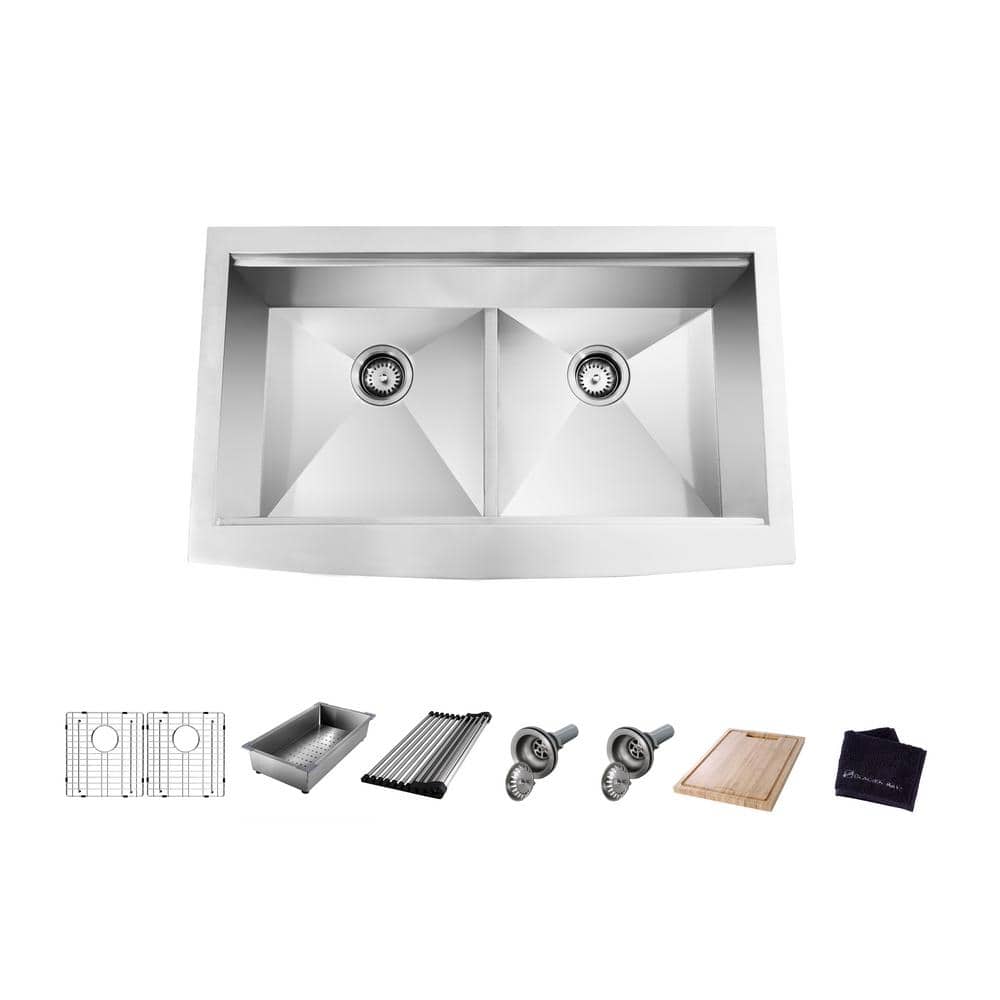 Glacier Bay Zero Radius 33 in. Apron-Front 50/50 Double Bowl 18 Gauge Stainless Steel Kitchen Sink with Accessories