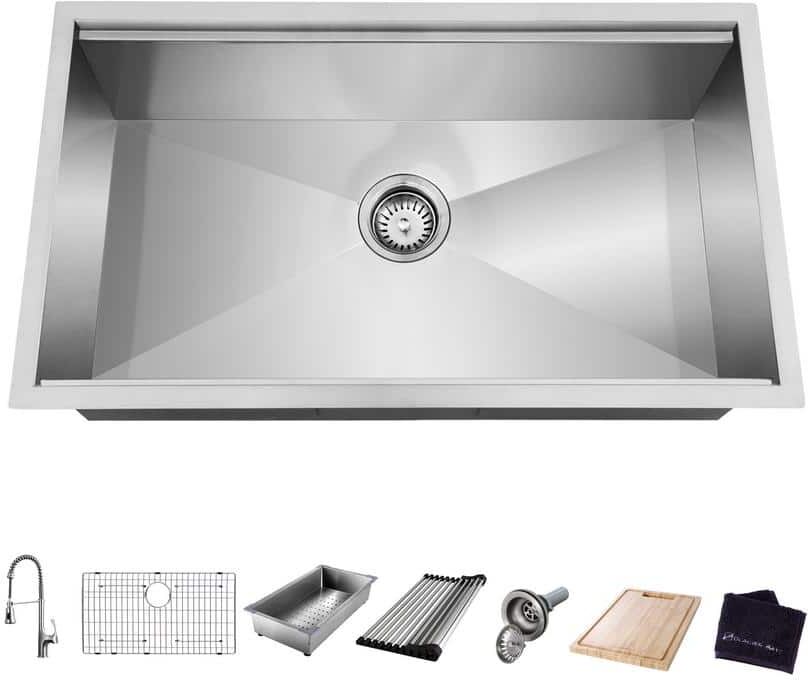 Glacier Bay Zero Radius 32 in. Undermount Single Bowl 18 Gauge Stainless Steel Workstation Kitchen Sink with Spring Neck Faucet