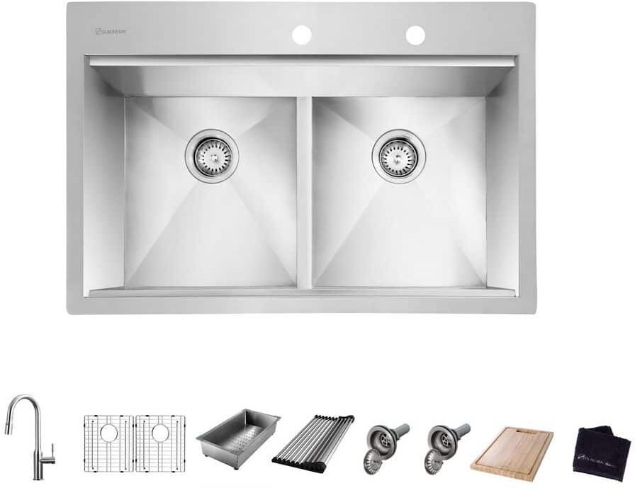 Glacier Bay Zero Radius 33 in. Drop-In 50/50 Double Bowl 18 Gauge Stainless Steel Workstation Kitchen Sink with Pull-Down Faucet