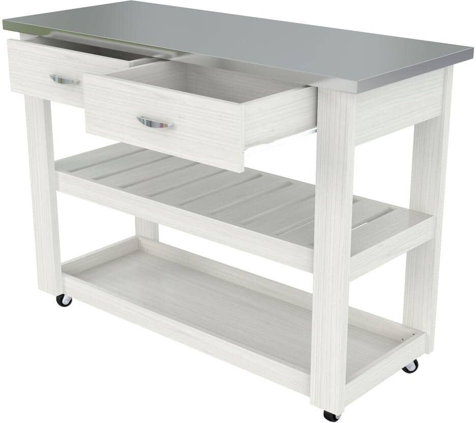 Inval White 46.8 in. x 33.8 in. x 19.7 in. Kitchen Utility Cart with Stainless Steel Top