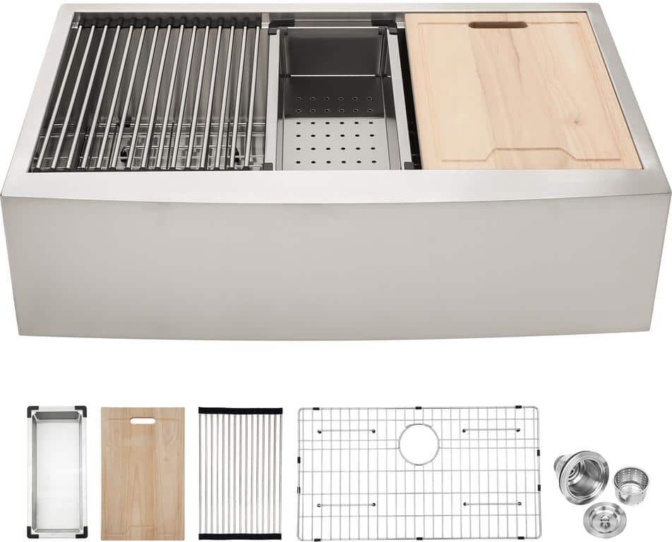 36 in. L X 21 in. W Farmhouse/Apron-Front Brushed Nickel Single Bowl 18-Gauge Stainless Steel Kitchen Sink w/Accessory