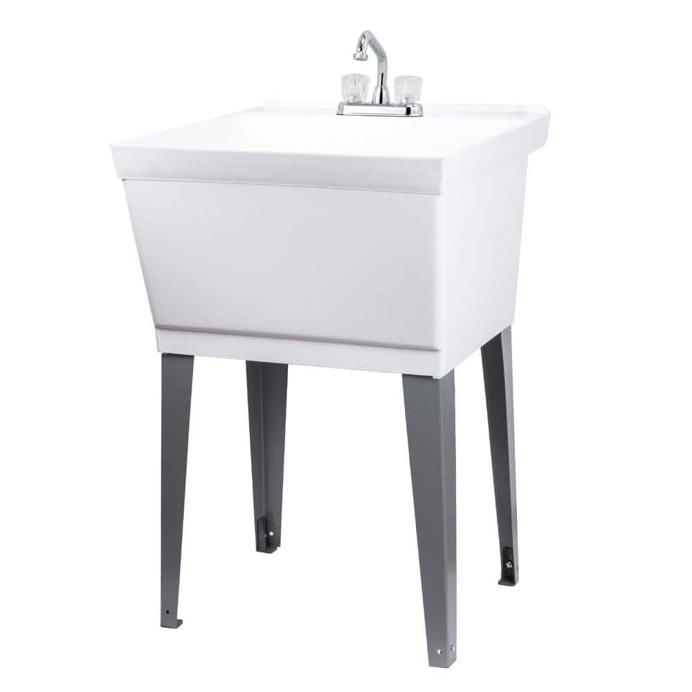 TEHILA Complete 22.875 in. x 23.5 in. White 19 Gal. Utility Sink Set with Non-Metallic Chrome Finish Faucet
