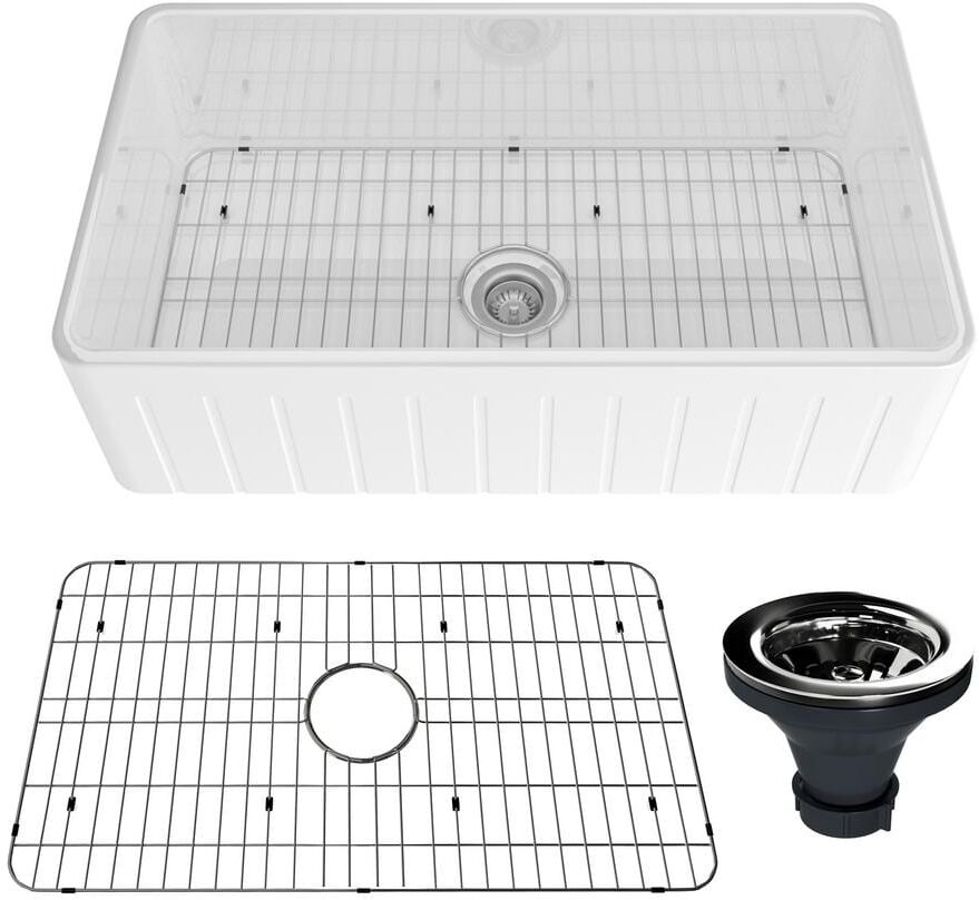 CASAINC Fireclay 33 in. Striped Design Reversible Installation Single Bowl Farmhouse Apron Kitchen Sink with Grid and Strainer