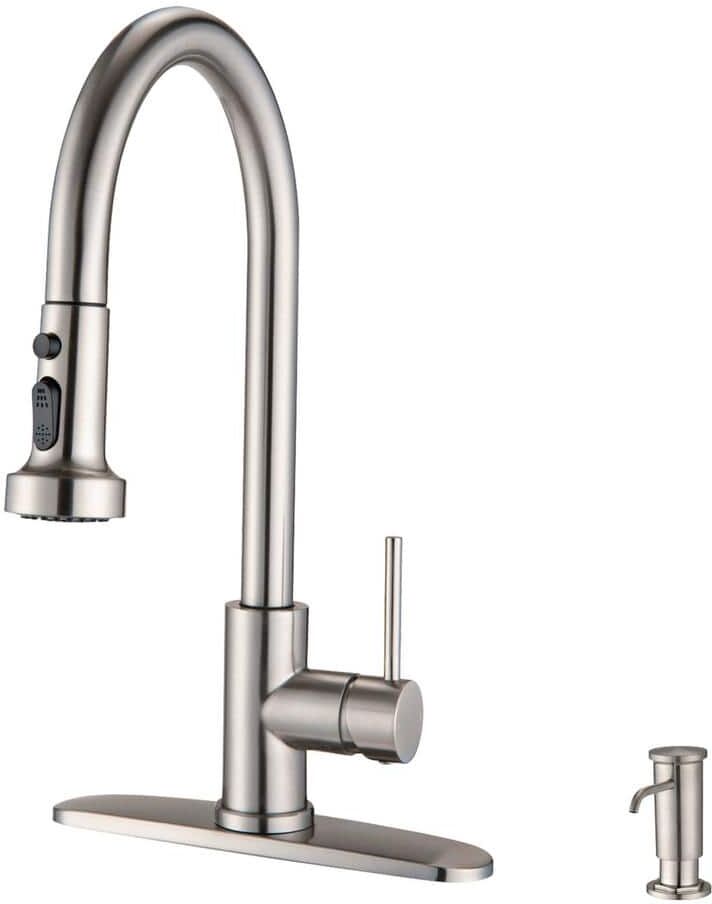 FLG Single Handle Pull Down Sprayer Kitchen Faucet with Soap Dispenser 304 Stainless Steel Sink Faucets in Brushed Nickel