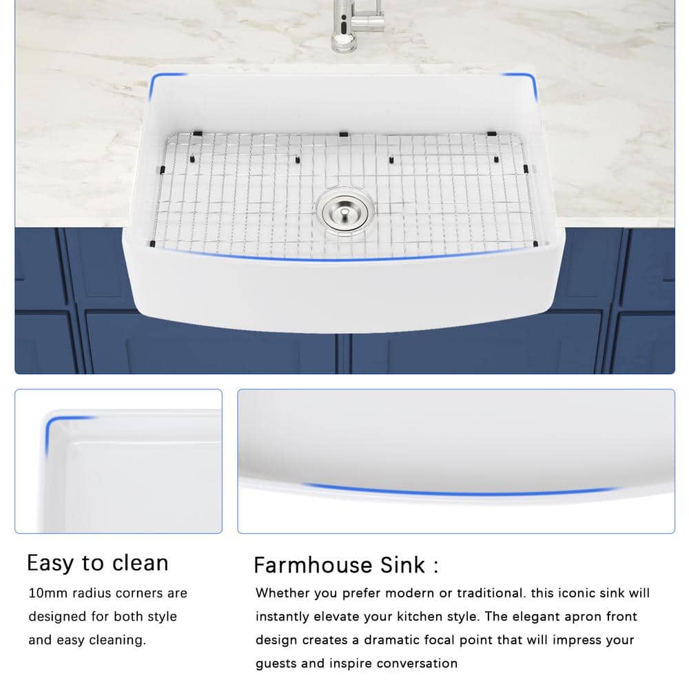 30 in Farmhouse/Apron-Front Single Bowl White Fireclay Kitchen Sink with Bottom Grid