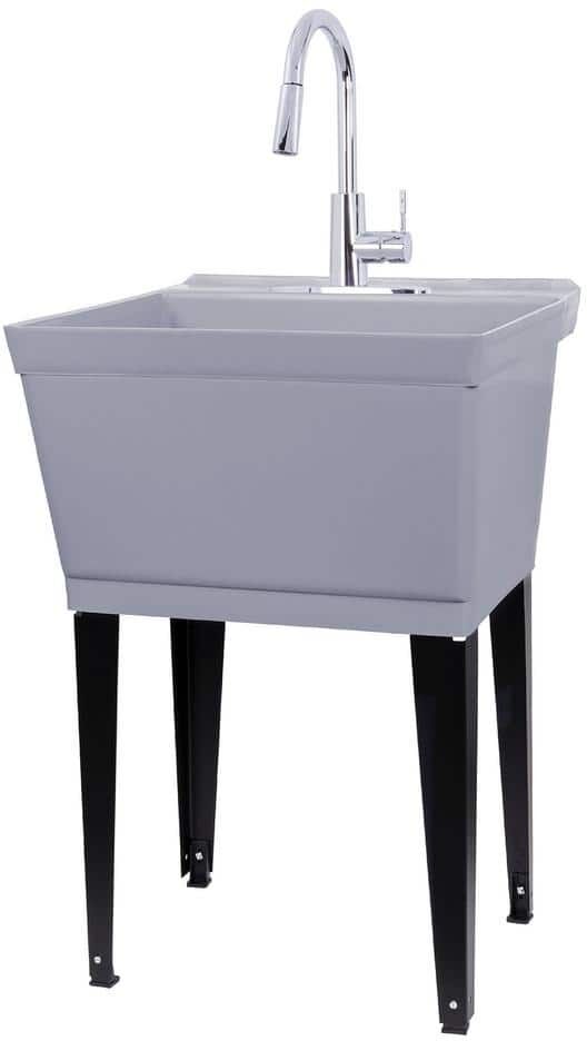 TEHILA Complete 22.875 in. x 23.5 in. Grey 19 Gal. Utility Sink Set with Metal Hybrid Chrome High Arc Pull-Down Faucet