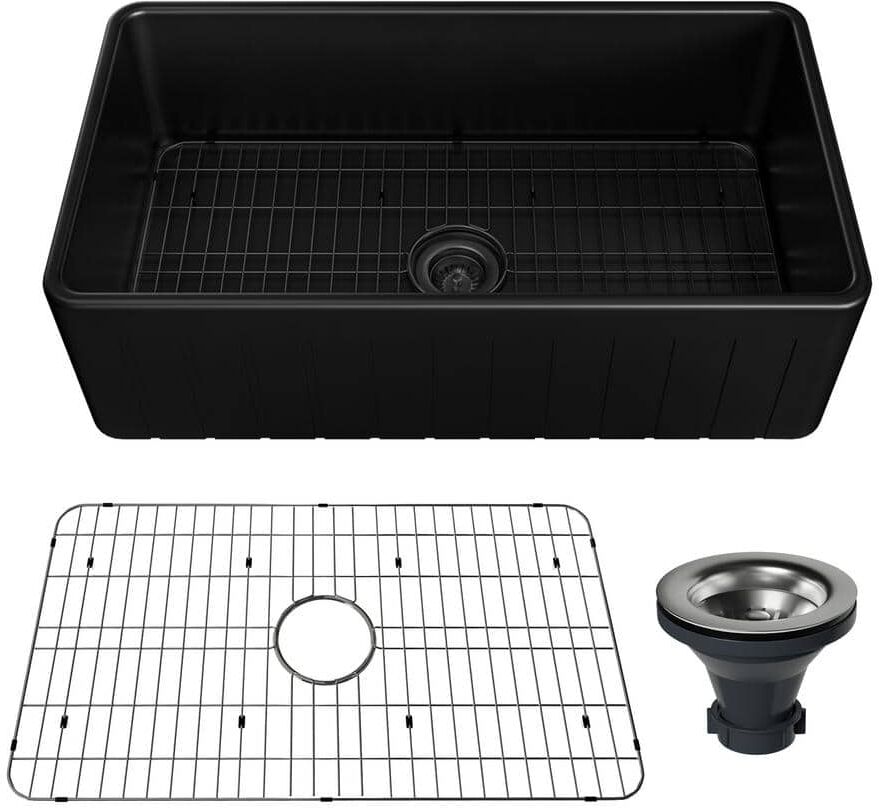 CASAINC Fireclay 33 in. Striped Design Reversible Installation Single Bowl Farmhouse Apron Kitchen Sink with Grid and Strainer