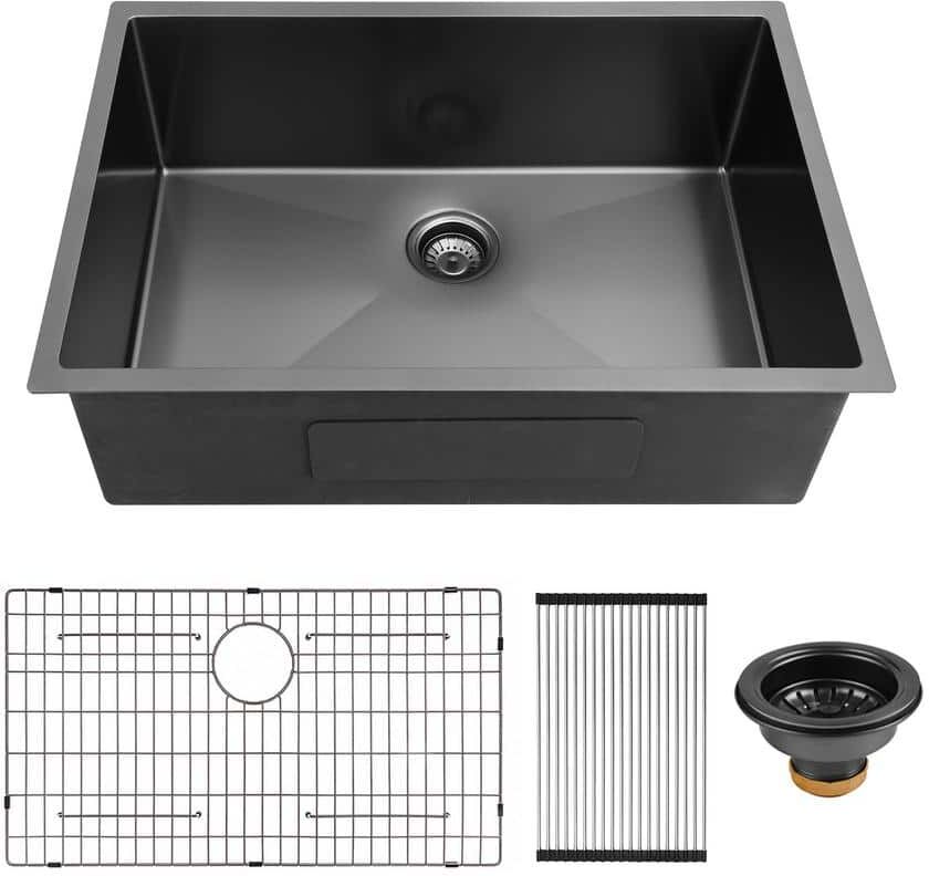 Antique Black 16-Gauge Stainless Steel 30 in. L Single Bowl Corner Undermount Workstation Kichen Sink without Faucet