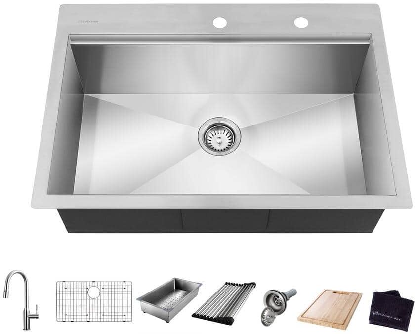 Glacier Bay Zero Radius 32 in. Drop-In Single Bowl 18 Gauge Stainless Steel Workstation Kitchen Sink with Pull-Down Faucet