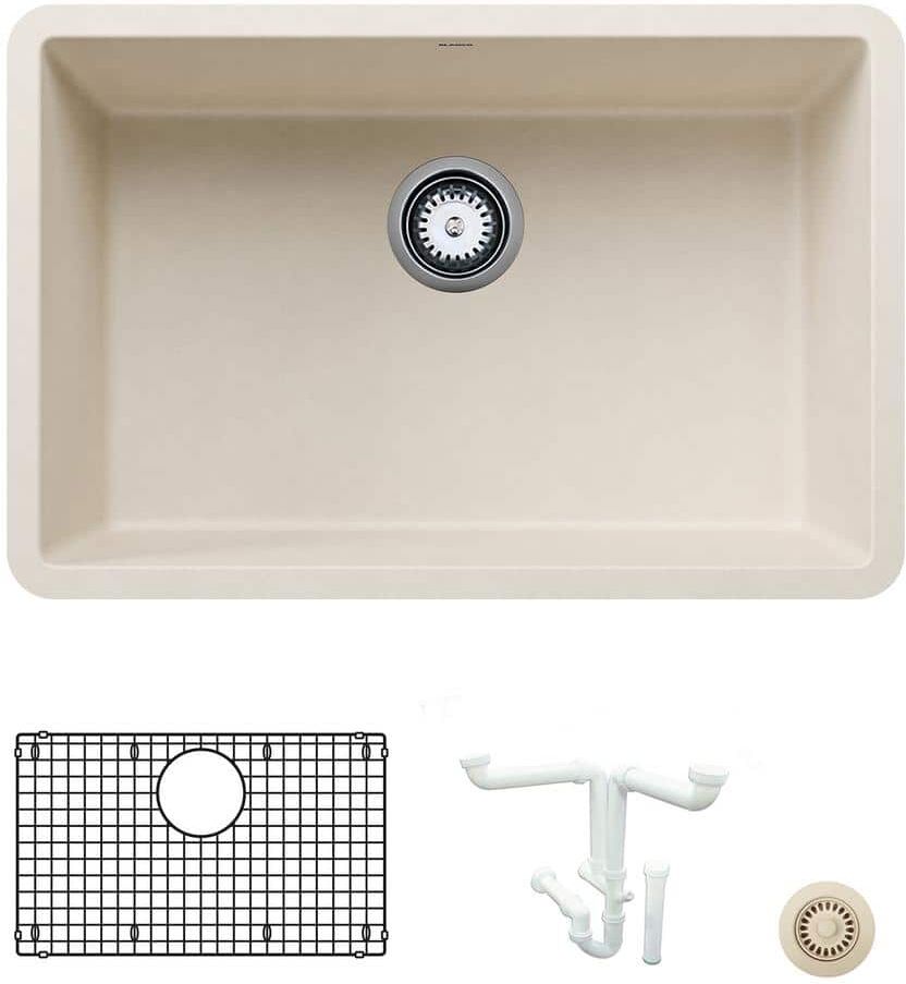 Blanco Precis 26.81 in. Undermount Single Bowl Soft White Granite Composite Kitchen Sink Kit with Accessories