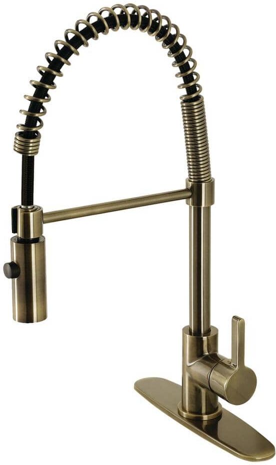 Kingston Continental Single-Handle Deck Mount Pre-Rinse Pull Down Sprayer Kitchen Faucet in Antique Brass