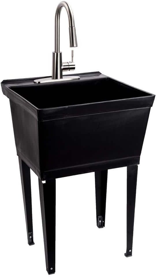 TEHILA Complete 22.875 in. x 23.5 in. Black 19 Gal. Utility Sink with Metal Hybrid Stainless Steel High Arc Pull-Down Faucet