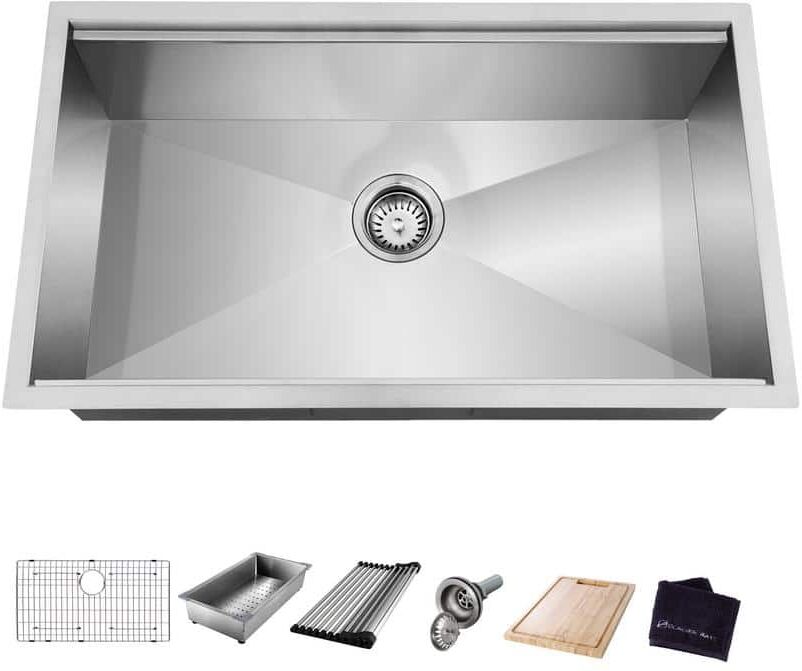 Glacier Bay Zero Radius 30 in. Undermount Single Bowl 18 Gauge Stainless Steel Kitchen Sink with Accessories