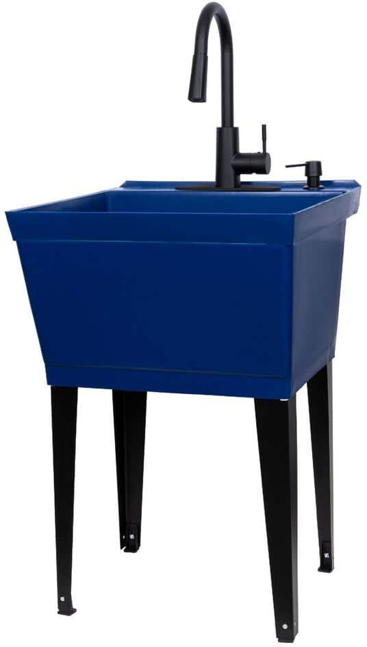 TEHILA Complete 22.875 in. x 23.5 in. Blue 19 gal. Utility Sink Set with Black Metal Hybrid Faucet and Soap Dispenser