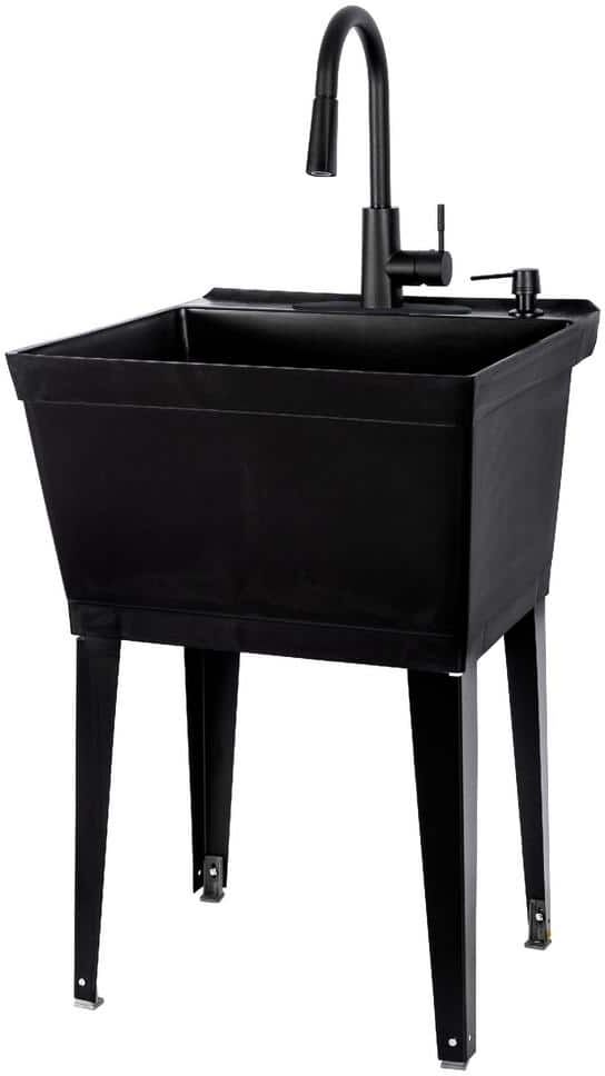 TEHILA Complete 22.875 in. x 23.5 in. Black 19 Gallon Utility Sink with Black Metal Hybrid High Arc Faucet and Soap Dispenser