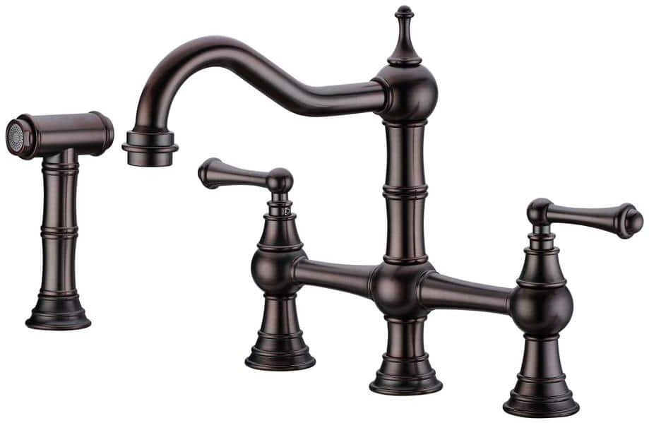 Antique Classic Double Handle Bridge Kitchen Faucet With Pull-Out Side Spray in Bronze