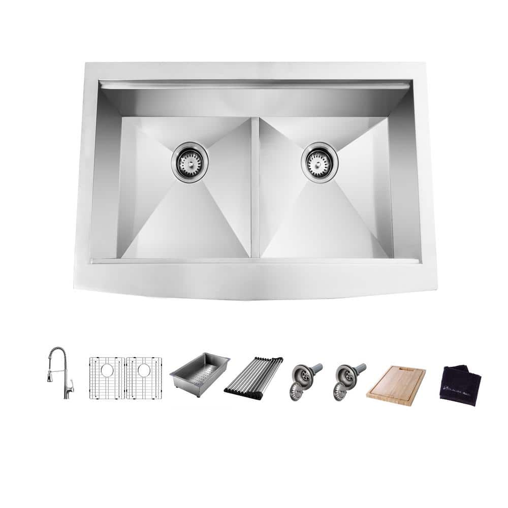 Glacier Bay Zero Radius 36 in. Apron-Front Double Bowl 18 Gauge Stainless Steel Workstation Kitchen Sink with Spring Neck Faucet