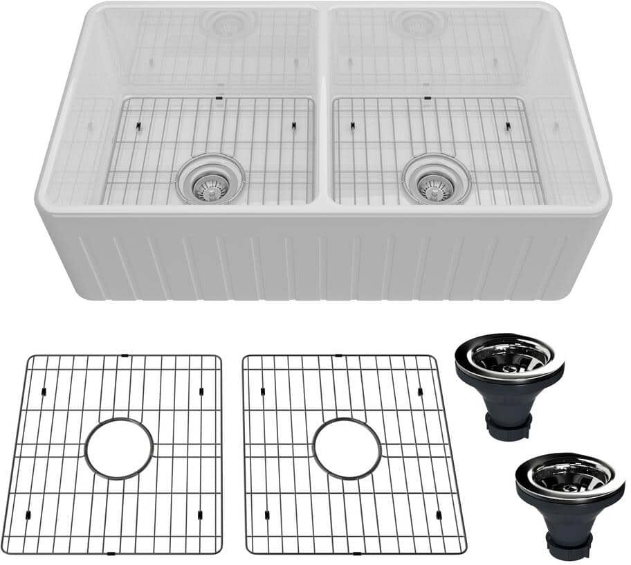 CASAINC 33 in. Stripes Reversible Installation Farmhouse/Apron-Front Double Bowl Fireclay Kitchen Sink with Grids and Strainers