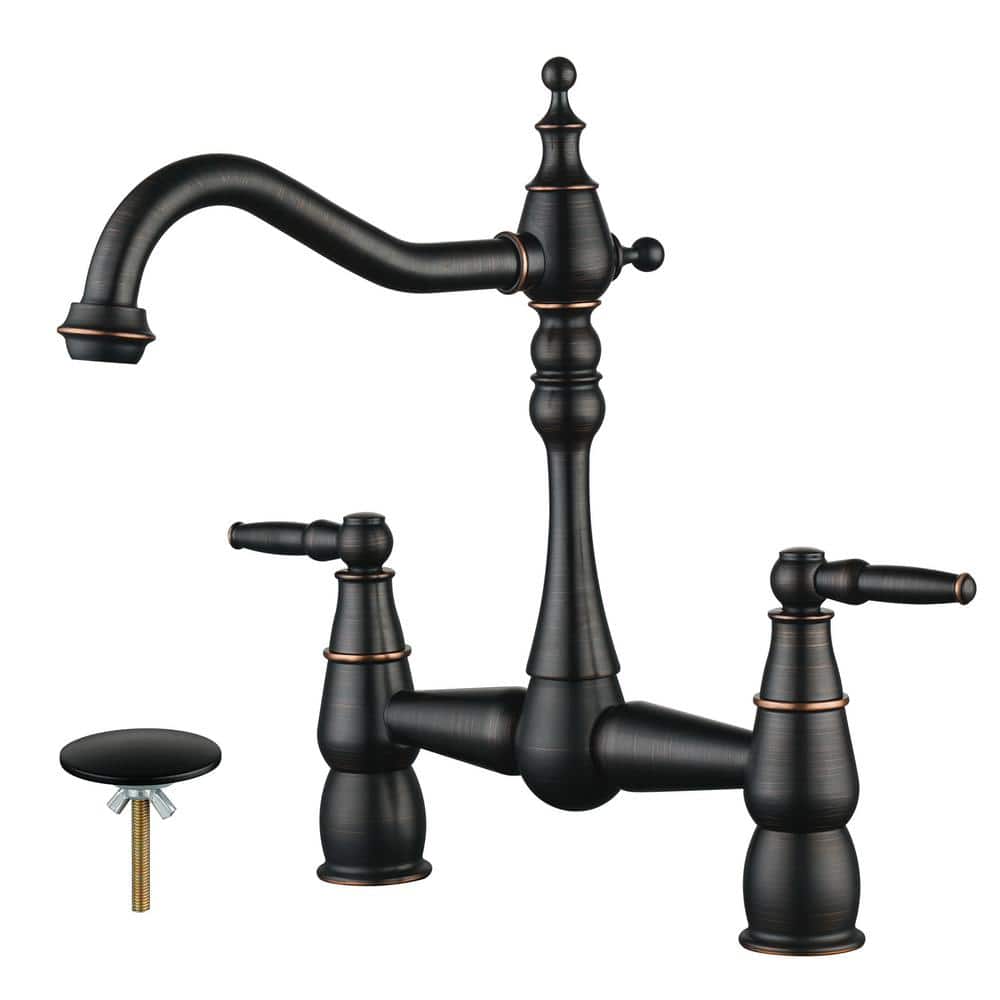 ALEASHA Double Handle Bridge Kitchen Faucet with Sink Hole Cover in Oil Rubbed Bronze