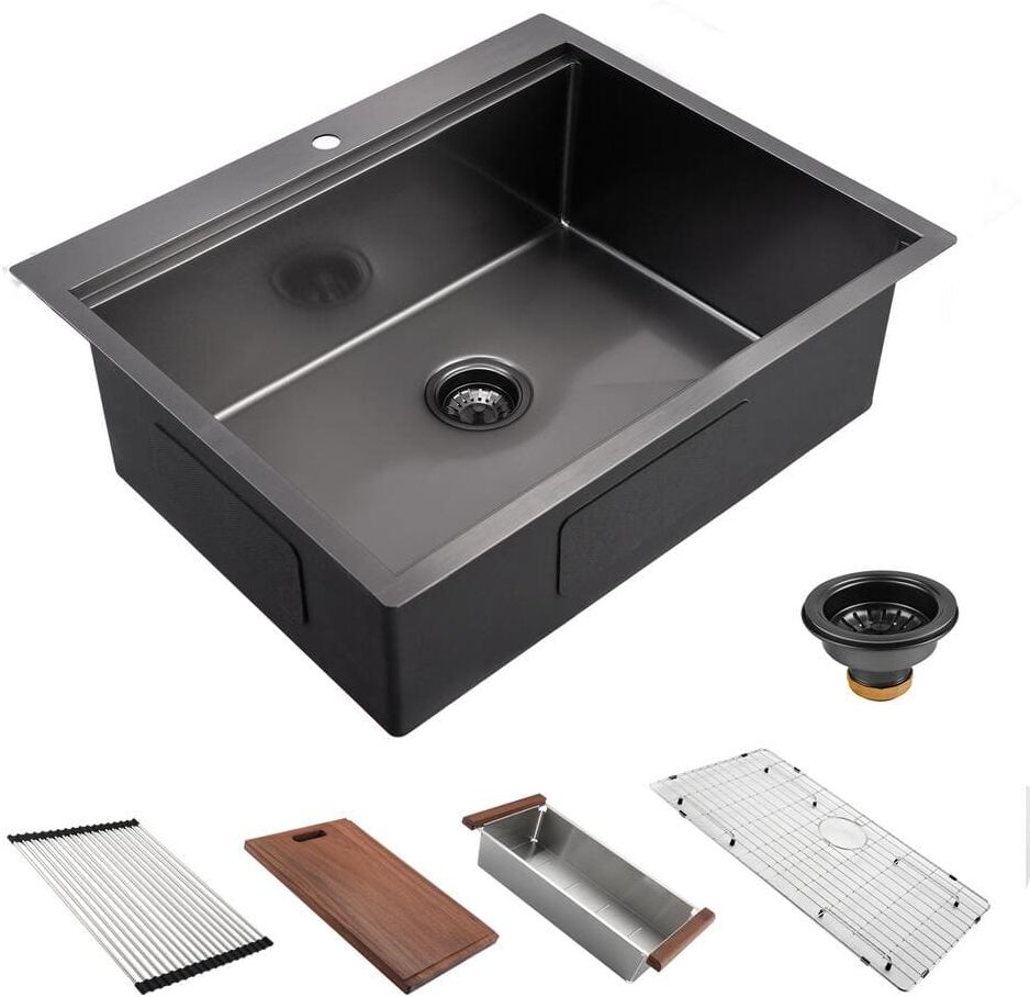 EAKYHOM Gunmetal Black Stainless Steel 30 in. 16 Gauge Single Bowl Drop in Workstation Kitchen Sink