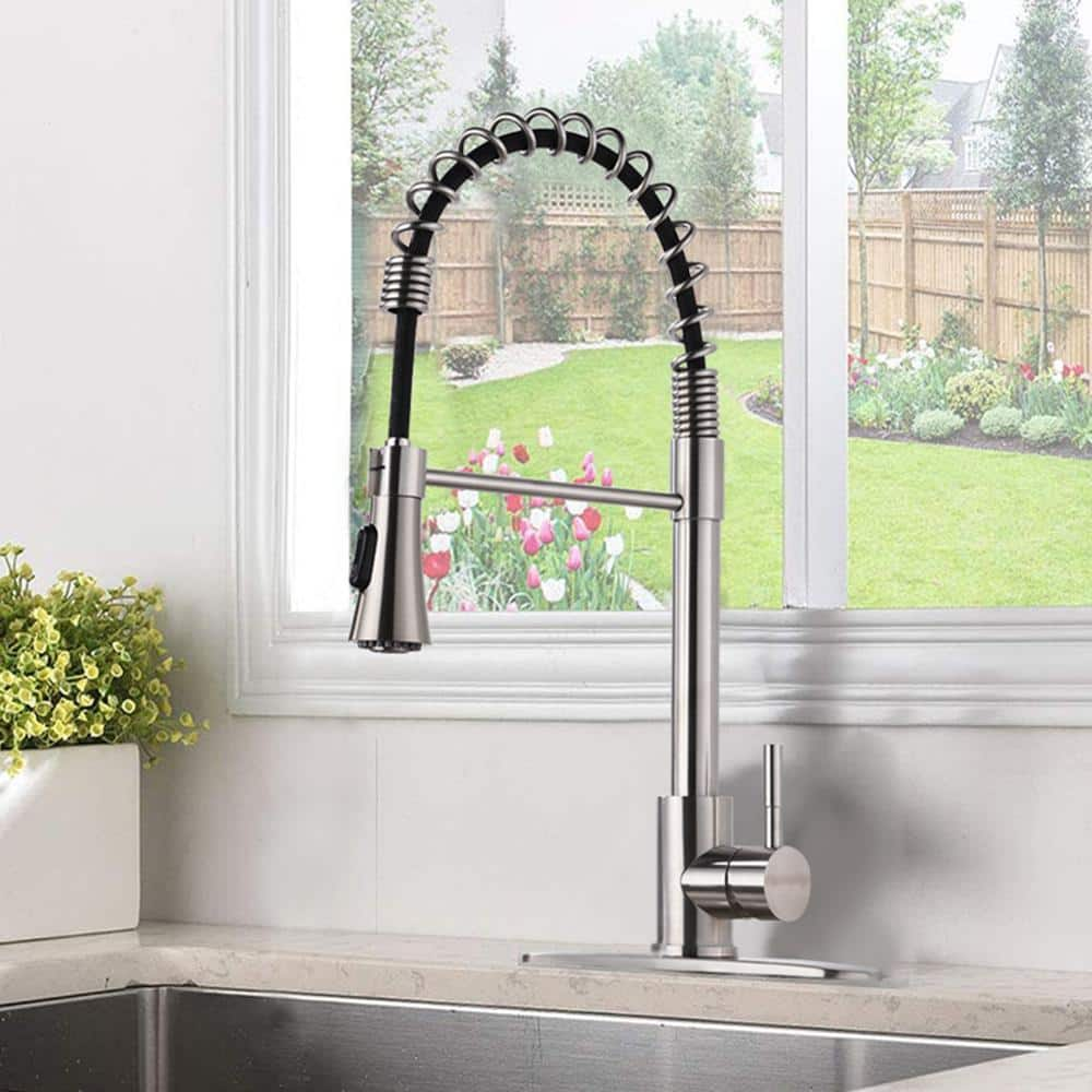 Magic Home Low Lead Commercial Single-Handle Pull-Down Sprayer Kitchen Faucet with Spot Resistant in Brushed Nickel