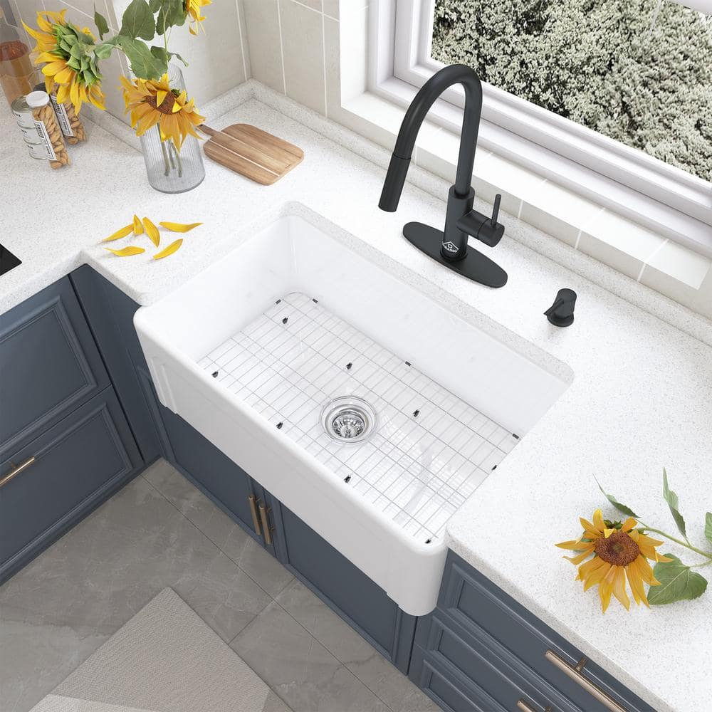 CASAINC Fireclay 30 in. Single Bowl Frame Design Reversible Installation Farmhouse Apron Kitchen Sink with Kitchen Faucet Kit