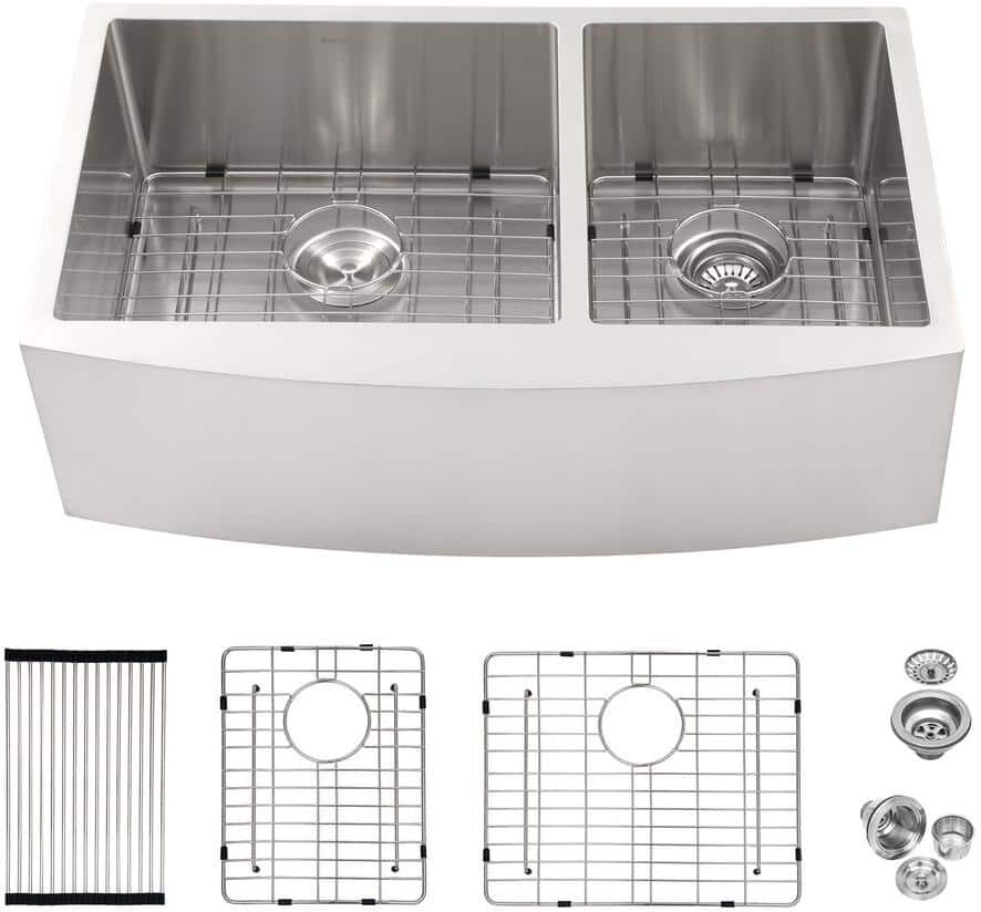 33 in. Farmhouse/Apron-Front Double Bowl 16 Gauge Brushed Nickel Stainless Steel Kitchen Sink with Bottom Grids