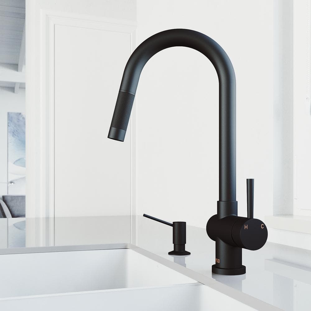 VIGO Gramercy Single Handle Pull-Down Spout Kitchen Faucet Set with Soap Dispenser in Matte Black