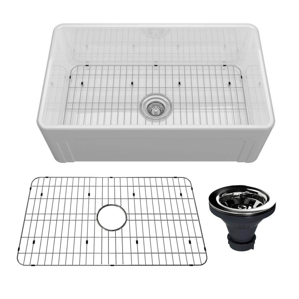 CASAINC Fireclay 30 in. Single Bowl Frame Design Reversible Installation Farmhouse Apron Kitchen Sink with Grid and Strainer