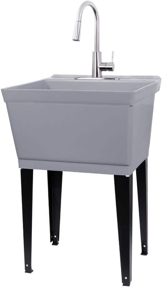 TEHILA Complete 22.875 in. x 23.5 in. Grey 19 Gal. Utility Sink Set with Metal Hybrid Stainless Steel Pull-Down Faucet