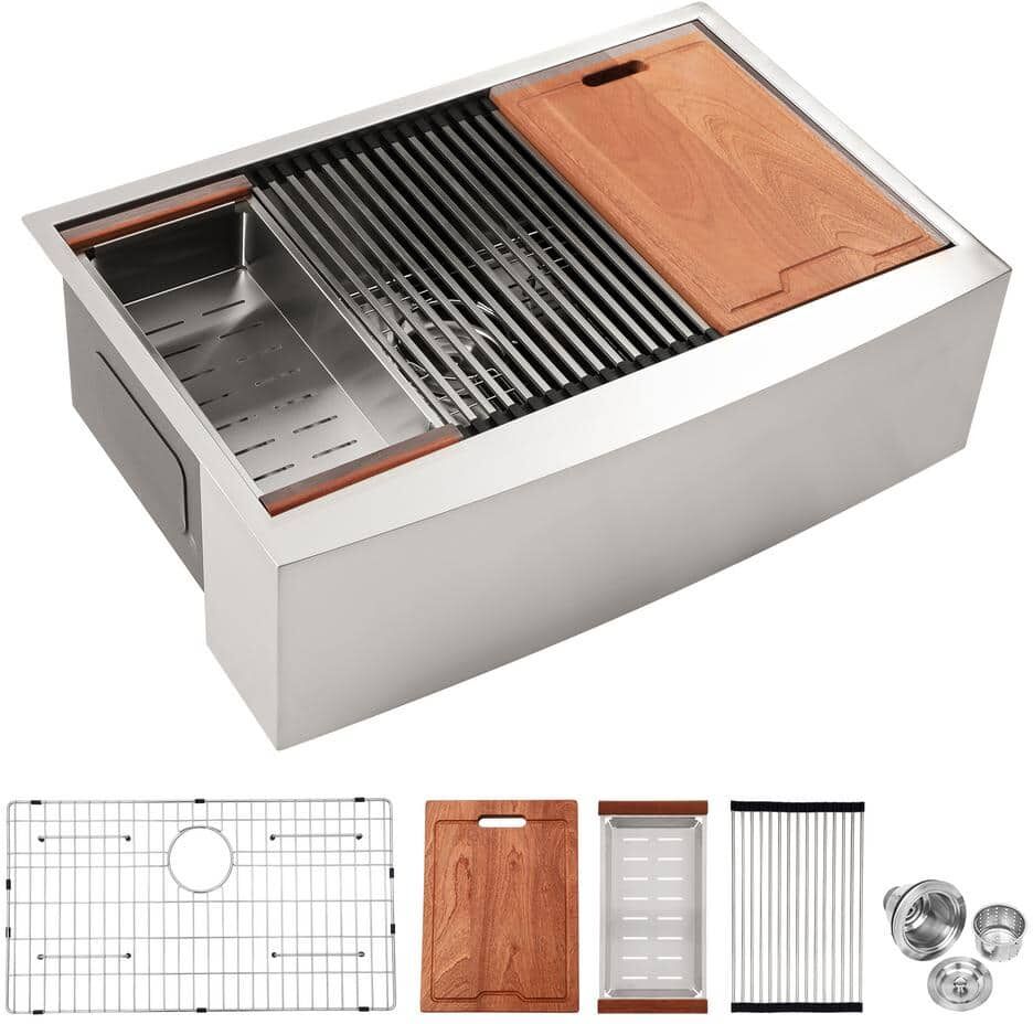 36 in Farmhouse/Apron-Front Single Bowl 16 Gauge Brushed Nickel Stainless Steel Kitchen Sink with Cutting Board