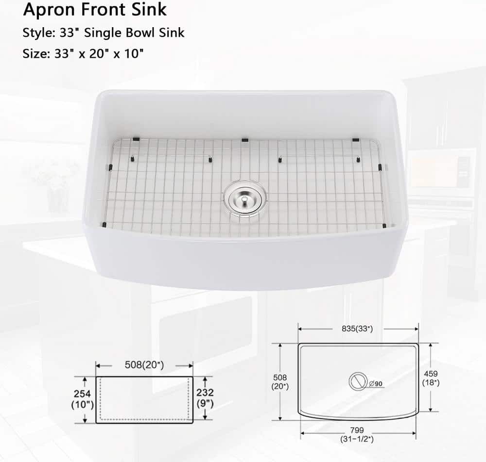 33 in Farmhouse/Apron-Front Single Bowl White Fireclay Kitchen Sink with Bottom Grid