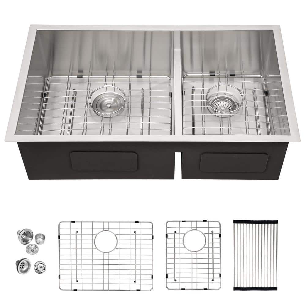 LORDEAR Stainless Steel 16-Gauge 33 in. x 19 in. x 10 in. Double Bowl Undermount Kitchen Sink with Bottom Grid