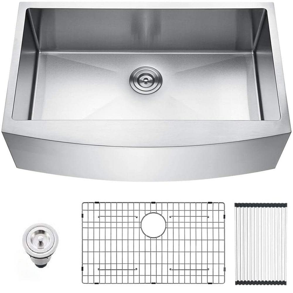 33 in. Farmhouse Apron-Front Single Bowl Brushed Nickel Stainless Steel Kitchen Sink with Rolling Drying Rack