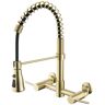 matrix decor Double Handle Wall Mount Gooseneck Pull Down Sprayer Kitchen Faucet in Brushed Gold