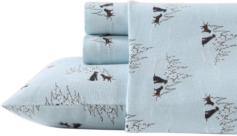 Eddie Bauer Dog Friends 4-Piece Medium Blue Graphic Flannel Queen Sheet Set