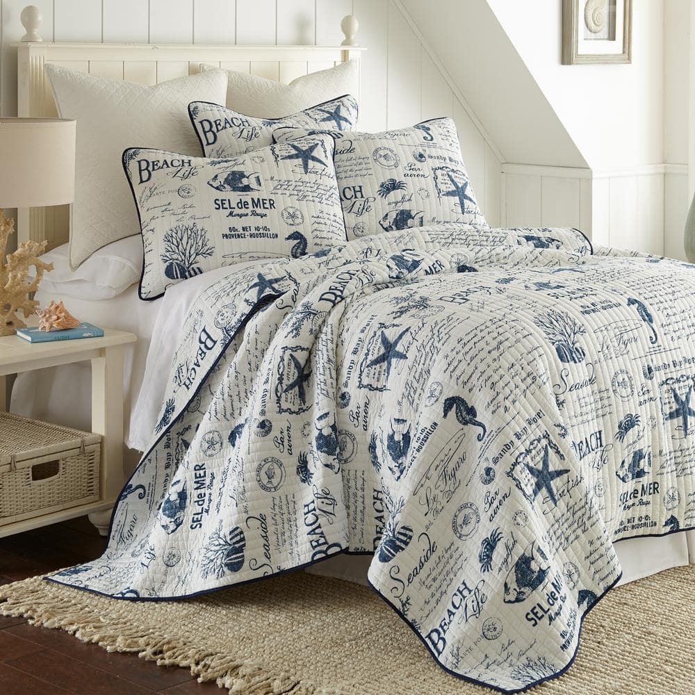 LEVTEX HOME Beach Life 3-Piece Cream and Blue Cotton King/Cal King Quilt Set