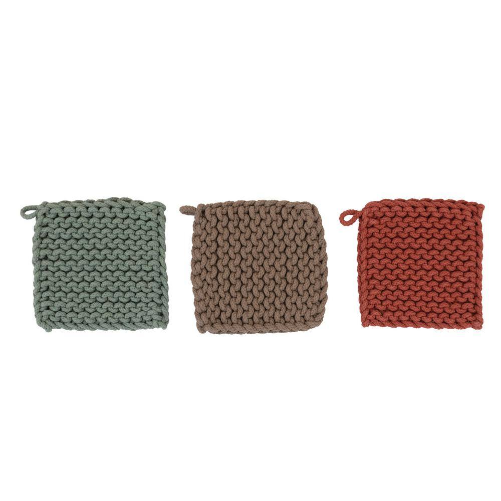 Storied Home Cotton Gray, Brown, and Red Crocheted Potholder, (3-Pack)